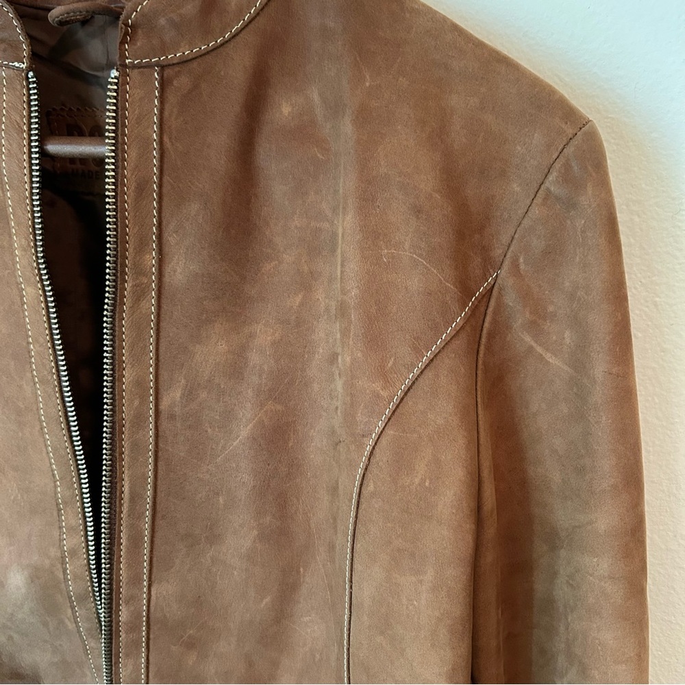 Roots Tan Brown Nubuck Leather Moto Jacket Tab Collar Zip Up - Sz 6 - Picture 8 of 16